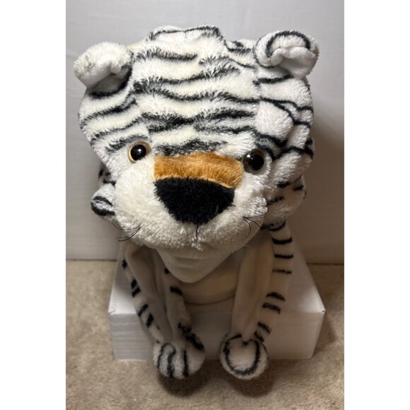 Plush White Tiger Striped Hat Ears & Dangling Paws Adults Or Teens Soft Fleece - Picture 2 of 7